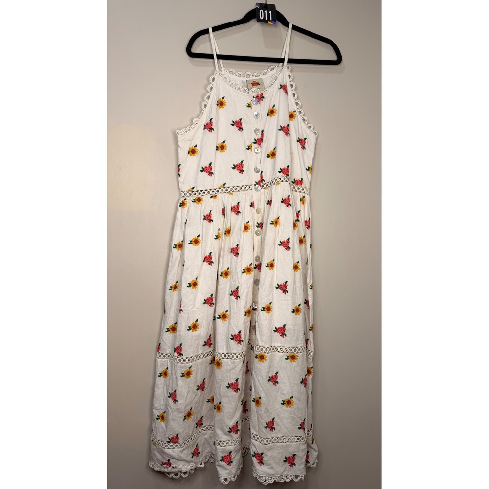 #11 FARM RIO Dress Sz. M PTP: 13" - 15" Floral Cross Stitch Linen Blend Crochet - Picture 2 of 11